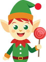 Vector illustration of a happy elf holding a lollipop on a white background