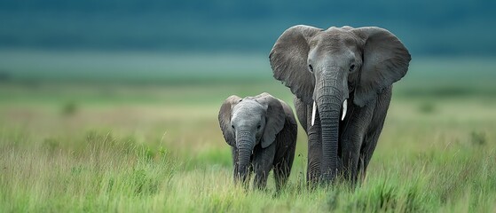 Elephant mother with calf in lush African savanna  

