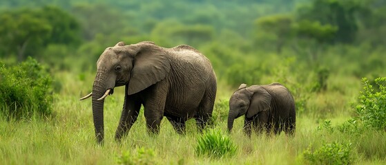 African elephant pair walking in lush savanna landscape  
