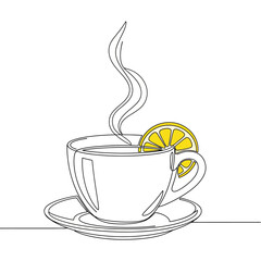 A steaming cup of tea, adorned with a vibrant lemon slice, is depicted in a continuous line drawing, isolated on white background a refreshing and minimalist design