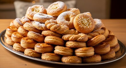 Abundant tower of sweet pastries and doughnuts on a silver platter