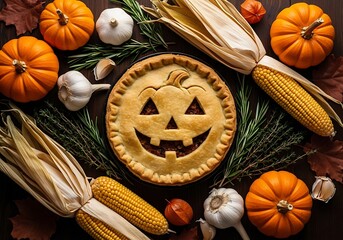 Festive halloween pie surrounded by autumn harvest and decorations