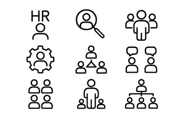 HR management and recruitment process icons representing key activities in human resources