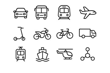 Various modes of transportation including cars, buses, and bicycles arranged in a grid format