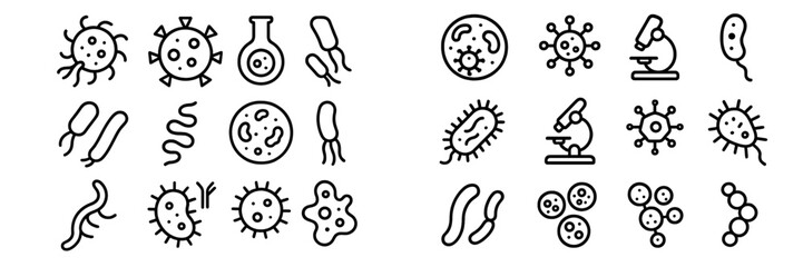 Fototapeta premium Collection of various microbiological icons including bacteria, viruses, and laboratory equipment in a clean design