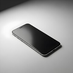 A slim silver and black smartphone with a blank screen, angled and laid flat on a grey studio surface. Perfect perspective mockup for app demonstrations, UI/UX design previews & promotional product.