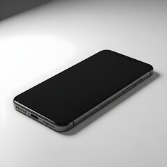 Sleek dark smartphone with a blank black screen, angled on a minimal light grey background. Excellent mockup for displaying app interfaces, mobile websites, and digital content for presentations.