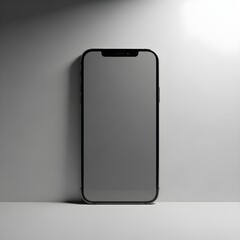 A modern, vertical smartphone with thin bezels and a blank grey screen, standing against a dark wall under dramatic lighting. Perfect front-facing mockup for digital presentations.