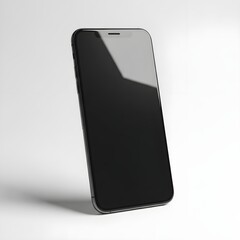 Modern black smartphone standing upright on a clean white background, featuring a blank screen. Ideal mockup for showcasing vertical mobile content, apps, and full-screen digital design elements.