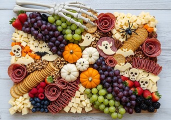 Festive halloween charcuterie board with grapes and spooky treats