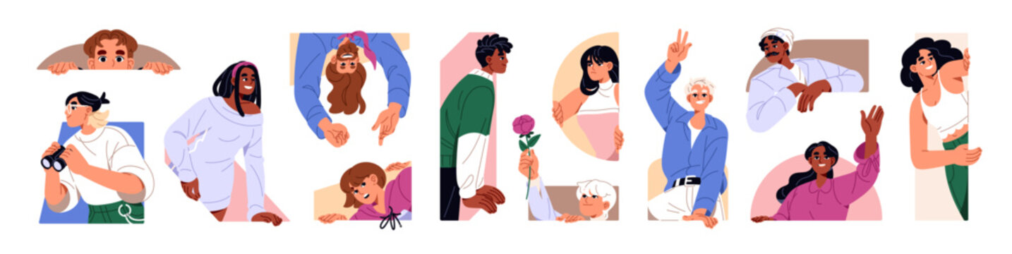 Set of peeking out people. Happy men and women look outside wall, peep with curiosity and greeting. Curious characters seek and gesturing. Flat isolated vector illustrations on white background