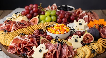 Festive halloween charcuterie board with spooky treats and fresh fruit