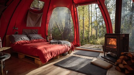 Cozy red inflatable tent with wood stove forest view  
