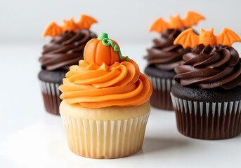 Festive halloween cupcakes with pumpkin and bat decorations