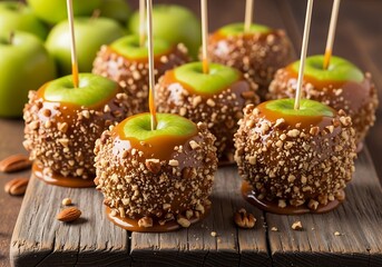 Delicious caramel apples covered in chopped nuts on a wooden surface