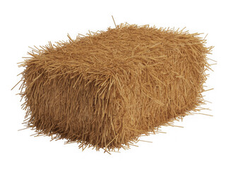 A single rectangular bale of dry golden hay isolated on transparent background