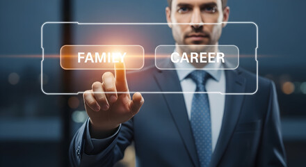 Businessman selecting career option on virtual interface with illuminated career and family choices, professional decision making and life balance concept