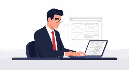 Man In Suit Working On Website Design Using Laptop Computer