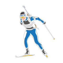 Biathlon racer, isolated vector drawing. Flat design illustration of biathlon skier. Winter sports, front view