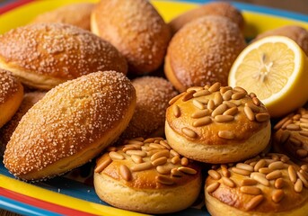 Delicious baked goods with nuts and lemon on a colorful tray