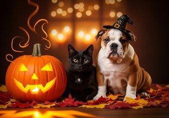 Adorable bulldog and black cat celebrate halloween with jack o lantern