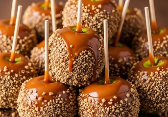 Sweet and crunchy caramel apples on sticks