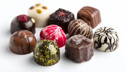 Exquisite delicious handmade chocolates isolated on white background, macro, rotation. Manufacture of premium chocolate gifts. Sweet dessert