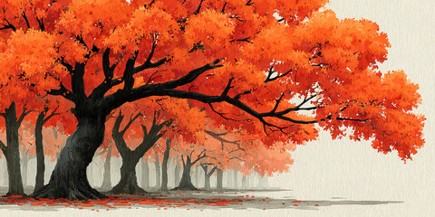 Stunning Autumn Forest Landscape with Vibrant Orange Maple Trees Digital Painting
