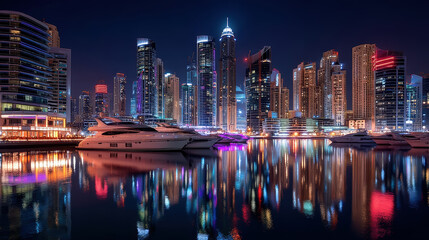 Hyper-realistic animation of Dubai marina skyline at night with reflections