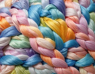 Braided, pastel-colored, twisted threads fill the entire frame