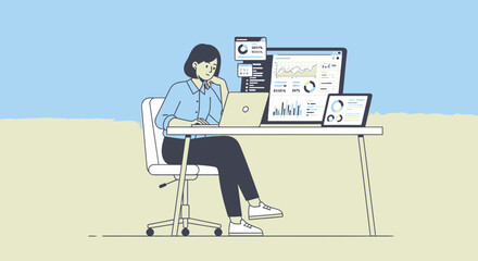 Woman Analyzing Financial Data On Multiple Digital Displays