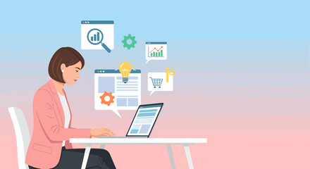 Woman Analyzing Online Data, Statistics, Ideas, and E-Commerce on Laptop