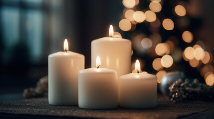 Fototapeta premium Four white candles with flames on a wooden surface. Soft bokeh lights in the background create a warm, festive atmosphere. Ideal for holiday themes.