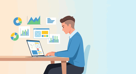 Young Man Analyzes Data On Laptop With Financial Charts Around Him