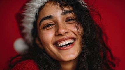 Smiling young woman with curly dark hair wearing a Santa hat. She has a joyful expression against a red background, embodying holiday cheer.