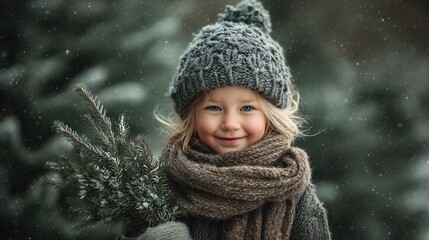 A young Caucasian girl with blonde hair smiles while holding a small evergreen branch. She wears a knitted gray hat and a brown scarf in a snowy forest setting.
