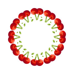 Cherry fruit wreath circle design on white. Vector illustration of a cherry wreath in circular composition with green leaves on white background, perfect for summer design or food label.