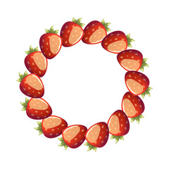 Strawberry wreath circle vector illustration. Bright vector illustration of strawberries arranged in a circular wreath shape on white background, ideal for food design, packaging or summer theme.