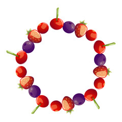 Berry fruit wreath with cherries and strawberries. Colorful wreath made of cherries, strawberries, and blueberries arranged in a circular frame, ideal for summer food designs and organic branding.
