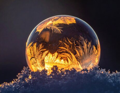 Frozen soap bubble; ice crystals glow on snow