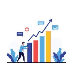 A businessman pushes a bar chart symbolizing business growth and financial progress.