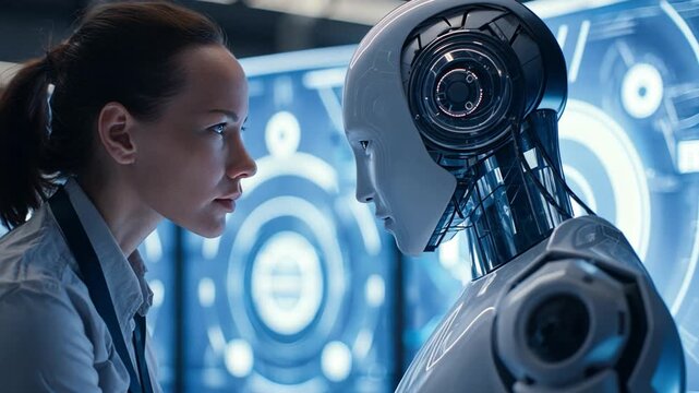 female supervisor and robot discussing AI-driven workflow optimization beside glowing digital display, calm futuristic teamwork.