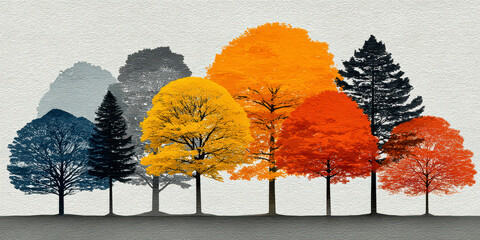 Minimalist Watercolor Forest Scene with Diverse Autumn Colored Tree Line