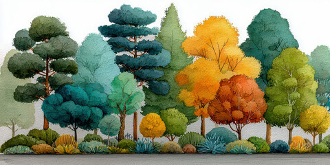Watercolor Painting of Diverse Forest Trees and Bushes in Warm and Cool Colors