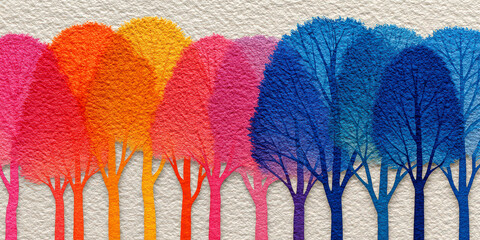 Vibrant Textured Watercolor Trees in a Row with Pink Orange and Blue Colors
