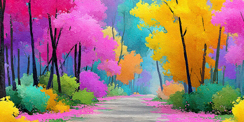 Vibrant Fantasy Forest Path with Pink Purple and Yellow Trees Oil Painting Style