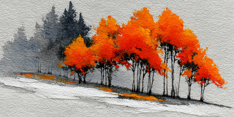 Watercolor Painting of Orange Trees on Snowy Hillside with Dark Pine Forest