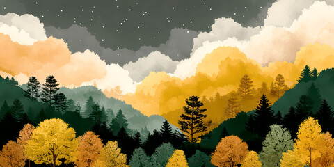 Moody Night Sky Landscape with Stars and Colorful Hillside Forest Digital Painting