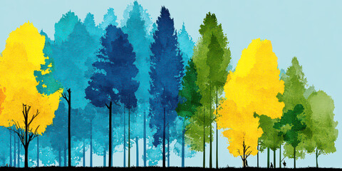 Watercolor Illustration of Colorful Forest Silhouette with Yellow Blue Green Trees and Sky