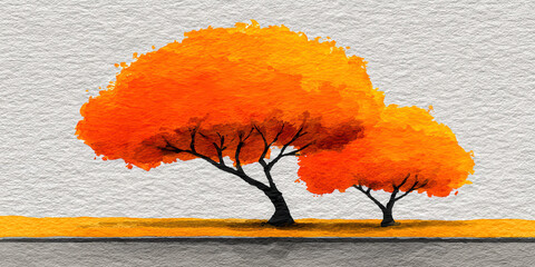 Minimalist Watercolor Art of Two Bright Orange Trees on a Textured White Background